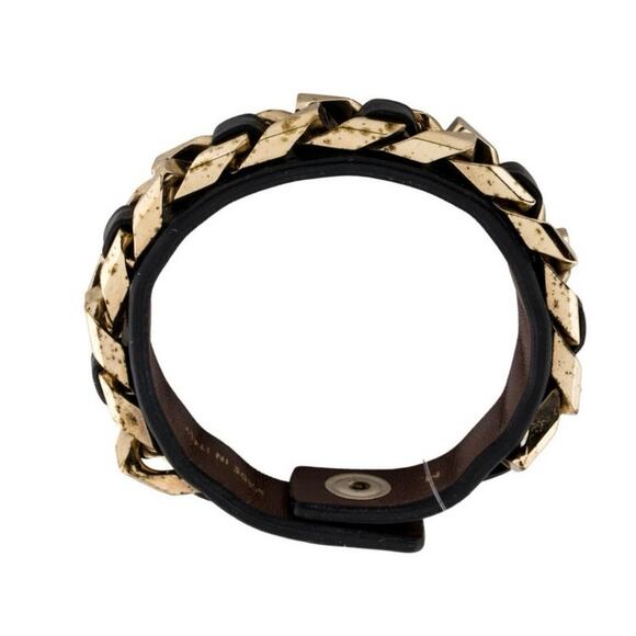 Givenchy Gold Tone Chain Link Black Leather Wrap Snap Bracelet Sz‎ M Italy - Picture 2 of 8